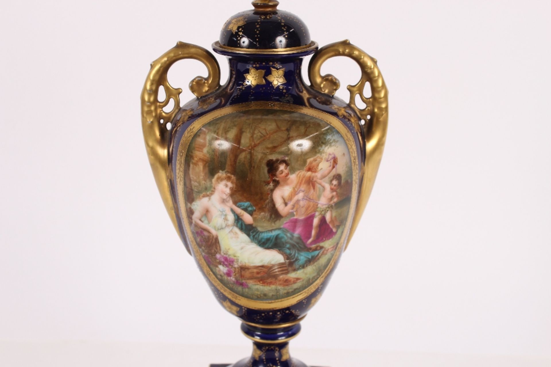 A late 19th Century Vienna porcelain vase on plinth, decorated with an oval panel of maidens and - Image 3 of 8