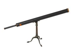 A brass cased library telescope by Charles Tolley, on folding tripod stand complete with pine