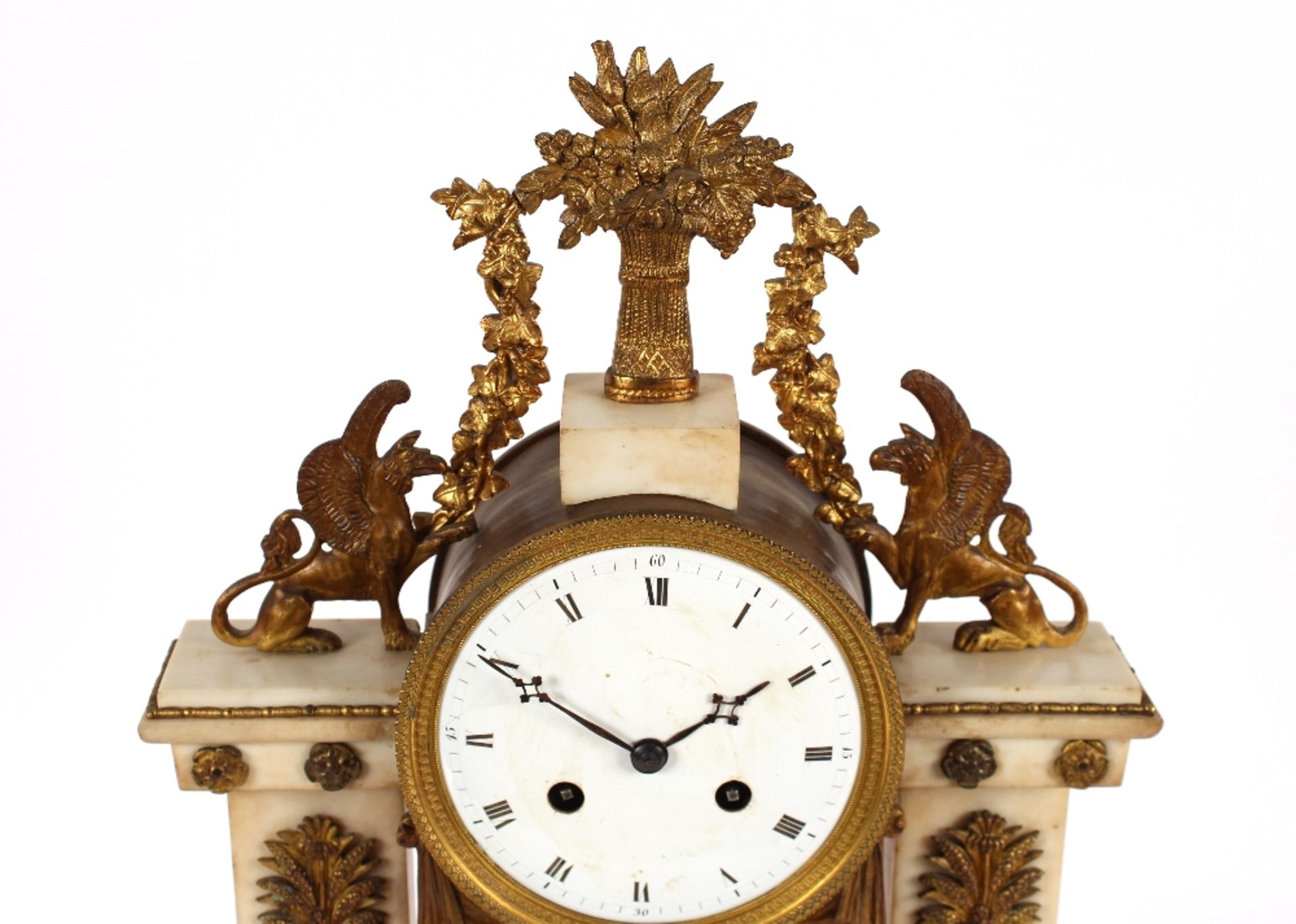 A 19th Century French marble and ormolu mounted mantel clock, surmounted by griffins and garlands, - Image 2 of 6