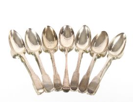Six George III and George IV silver "Fiddle" pattern dessert spoons, various dates and makers; and a