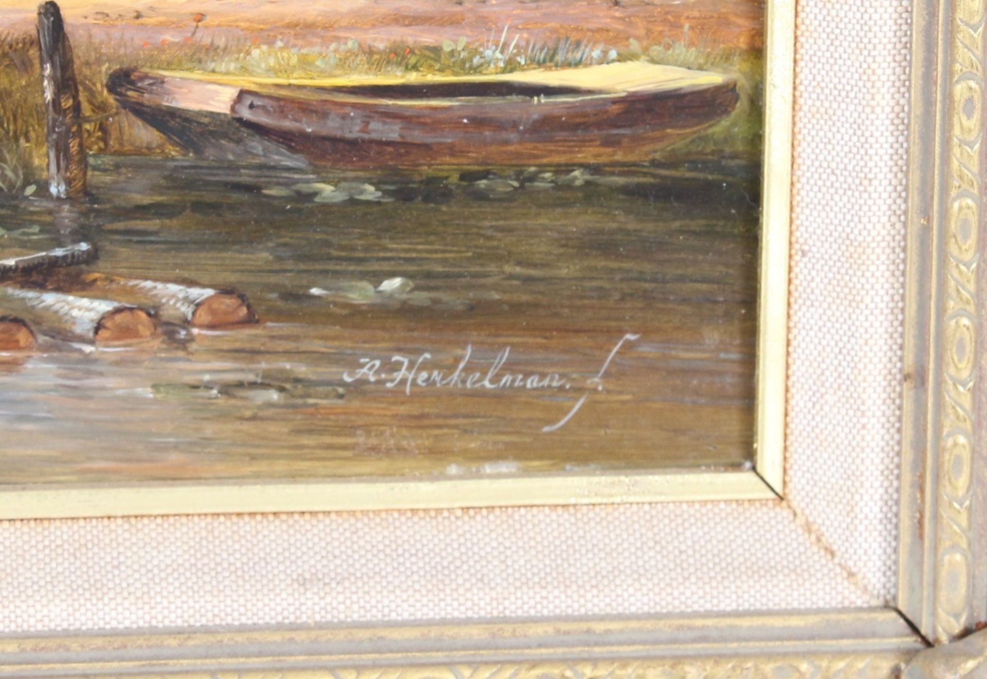 R. Henkelmann, study of a Dutch canal scene with figures sailing and punting, 30cm x 42cm - Image 3 of 4