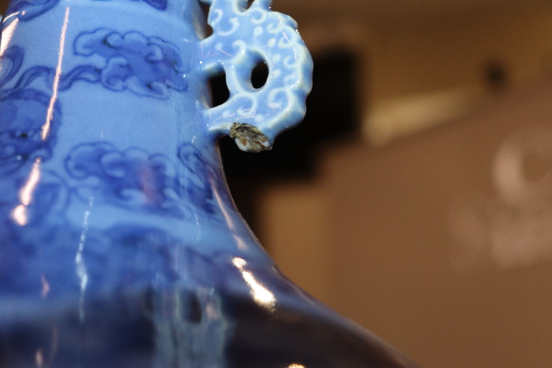 A 19th Century Chinese blue glazed baluster vase, decorated Dogs of Fo, flaming pearls and - Image 9 of 20