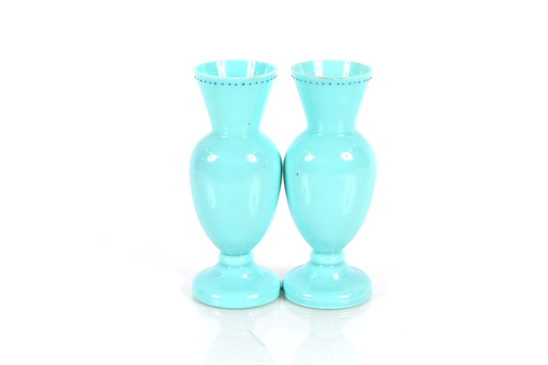 A pair of 19th Century blue opaque glass baluster vases, having enamelled decorated of flowers - Image 2 of 3