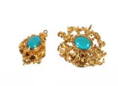 A 9ct gold and turquoise pendant brooch, and a 9ct gold turquoise pendant, 17gms total weight