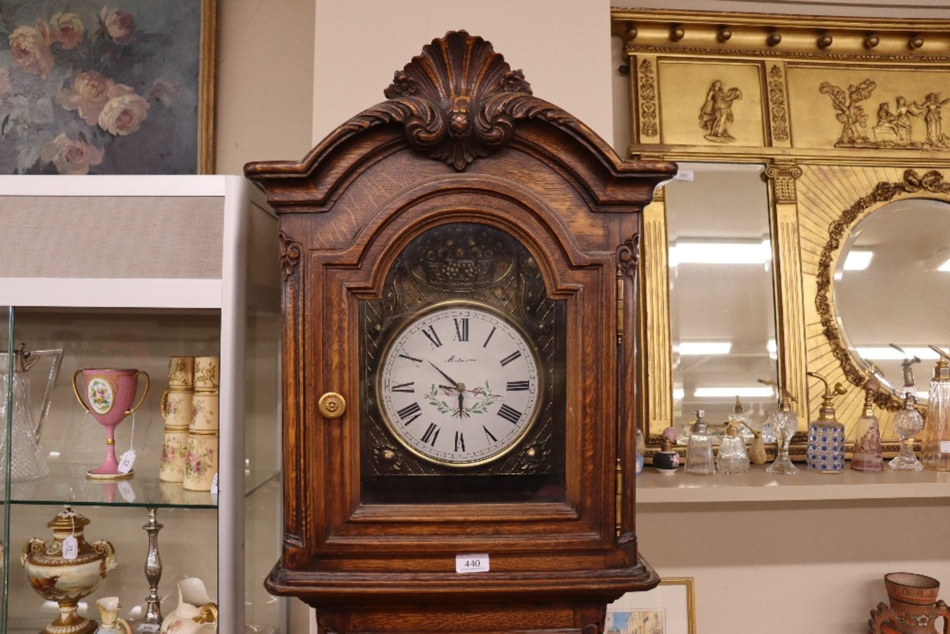 A carved oak long case clock, with associated French battery powered movement, 212cm high - Image 4 of 4