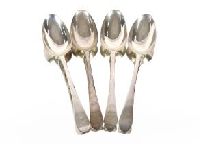 Four 18th Century silver "Fiddle" pattern table spoons, marks indistinct, 9oz