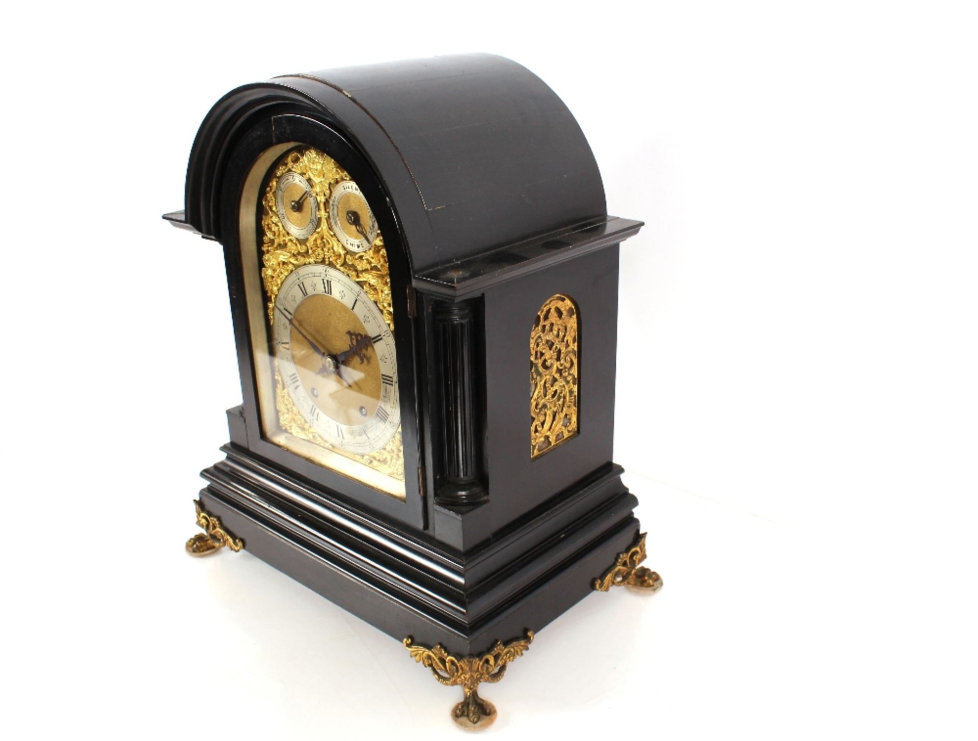 A large 19th Century ebonised mantel clock, the arched case supporting an ornate foliate brass - Image 6 of 12