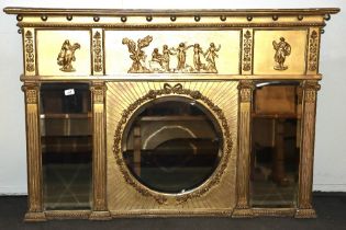 A 19th Century gilt framed over mantel mirror having classical frieze above three bevelled mirror