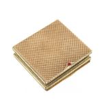 A 9ct gold Asprey cigarette case, 1960's,  with engine turned decoration, the clasp with ruby
