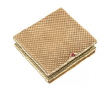 A 9ct gold Asprey cigarette case, 1960's,  with engine turned decoration, the clasp with ruby