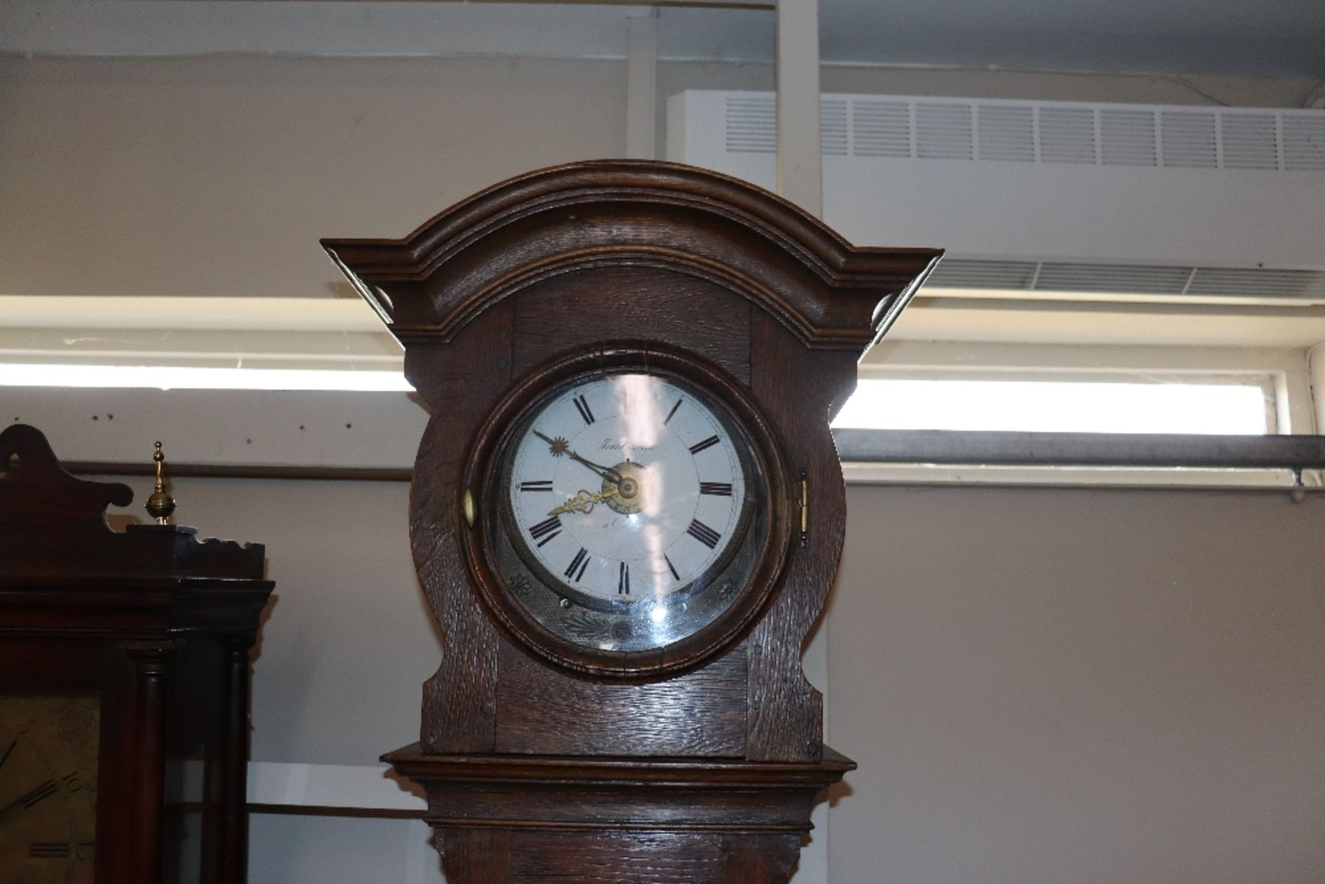 A tall French oak long case clock, having circular enamel Roman numeral dial, the case of waisted - Image 3 of 3