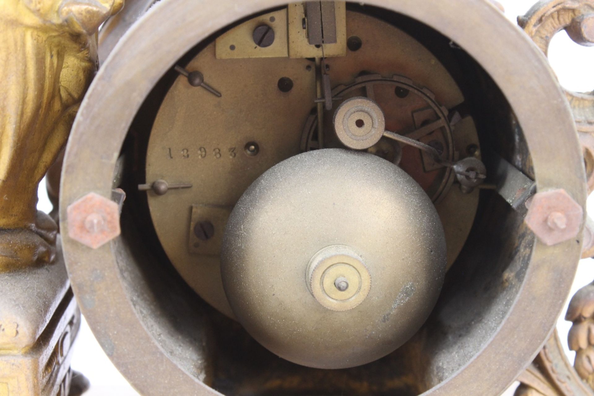 A 19th Century marble and gilt metal mantel clock, the drum shaped dial and movement surmounted by a - Image 13 of 14