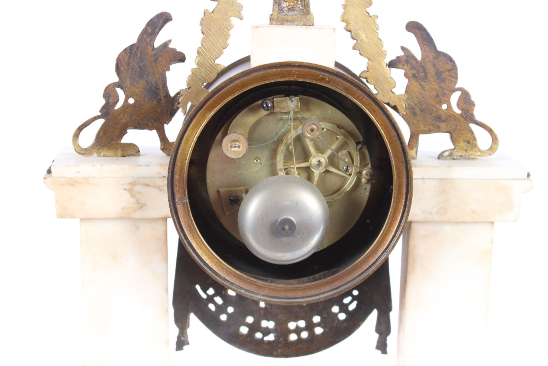 A 19th Century French marble and ormolu mounted mantel clock, surmounted by griffins and garlands, - Image 6 of 6