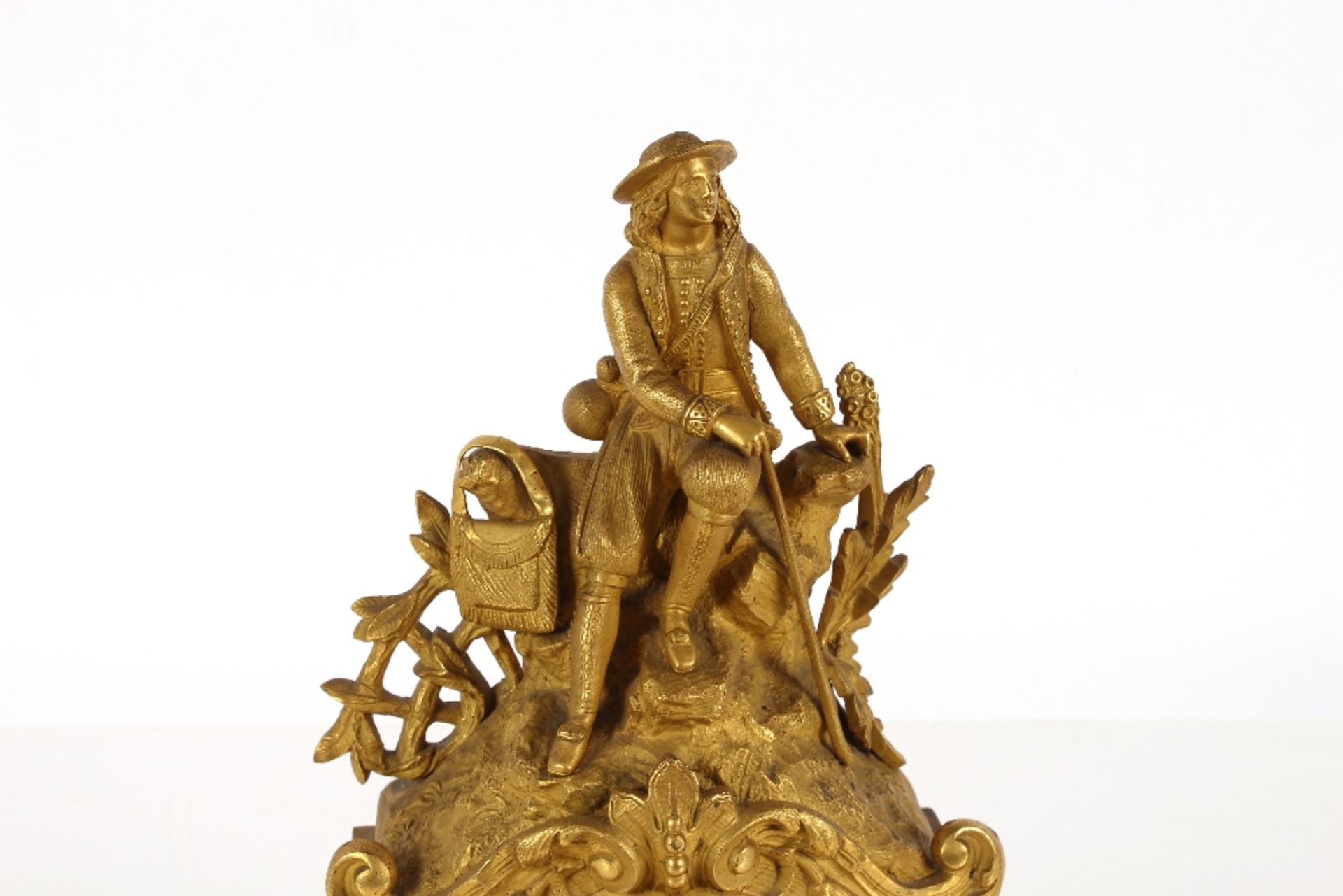 A 19th Century French gilt mantel clock, the case surmounted by a seated figure, circular white - Image 3 of 5