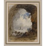 19th Century school, study of figures in a rocky archway looking out to sea, indistinctly signed