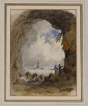 19th Century school, study of figures in a rocky archway looking out to sea, indistinctly signed