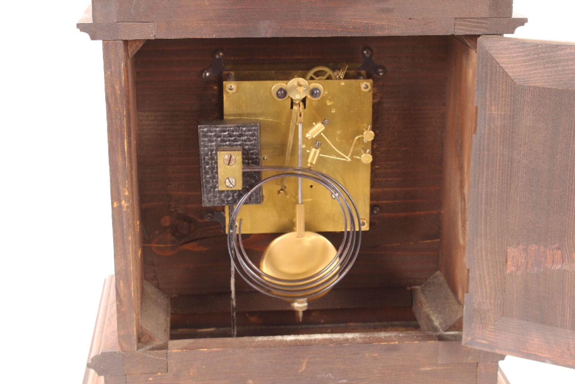 A late Victorian oak cased mantel clock, the case of architectural design enclosing a brass and - Image 4 of 4