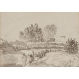 19th Century school, study of figures on a riverbank, unsigned monochrome watercolour, 15.5cm x 22.