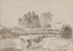 19th Century school, study of figures on a riverbank, unsigned monochrome watercolour, 15.5cm x 22.