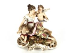 A small 19th Century German porcelain figure group, depicting maiden and cherubs, on a rock work