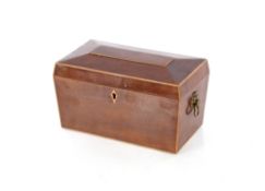 A 19th Century mahogany and box wood strung sarcophagus shaped two compartment tea caddy, 22cm wide