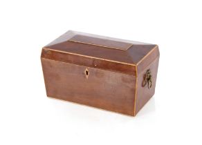 A 19th Century mahogany and box wood strung sarcophagus shaped two compartment tea caddy, 22cm wide