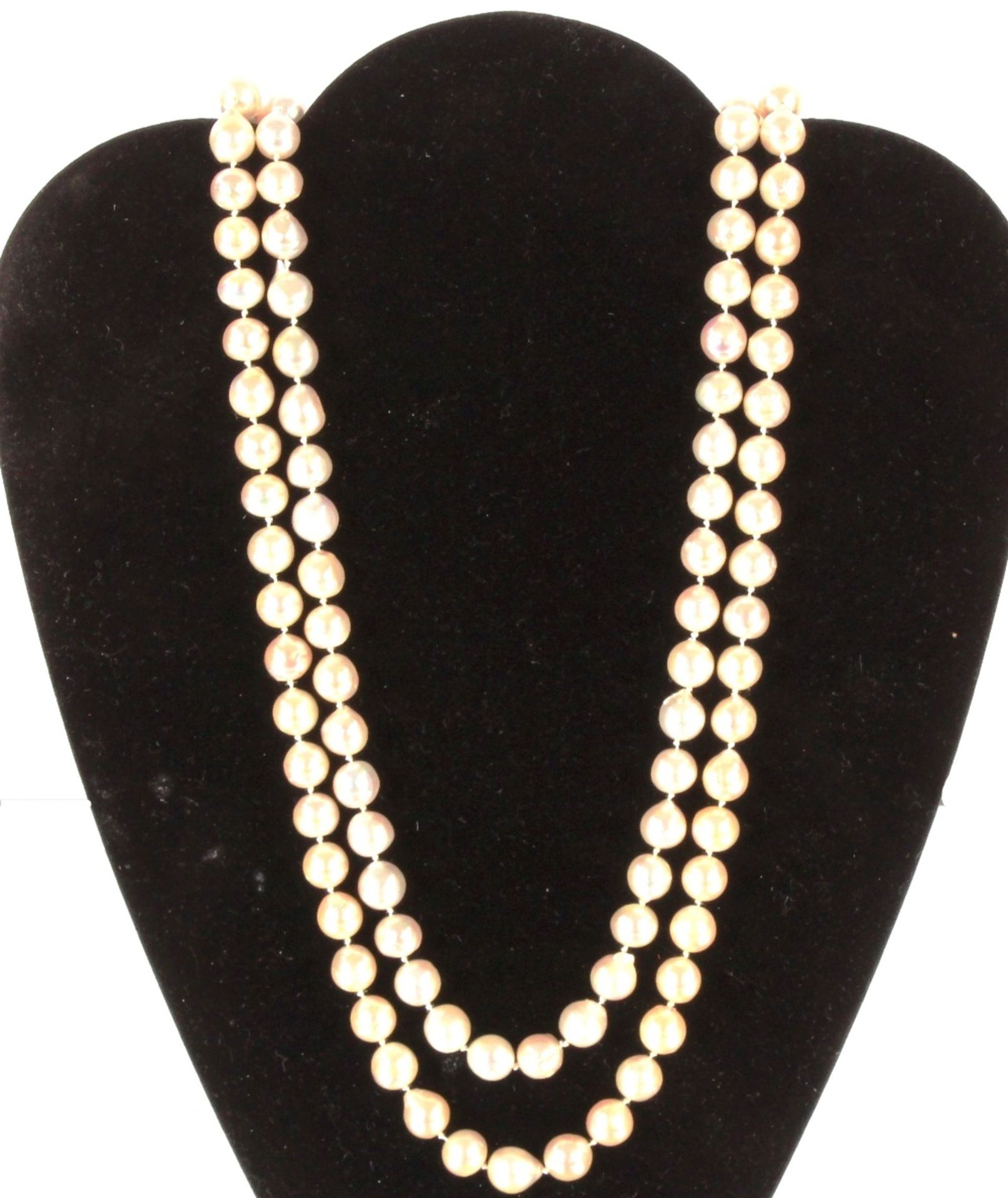 A pearl double strand necklace with silver pearl set clasp, 77cm long, total weight 169gms