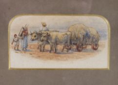 A small Victorian watercolour depicting three figures, attending to ox and pulling a hay cart; and a