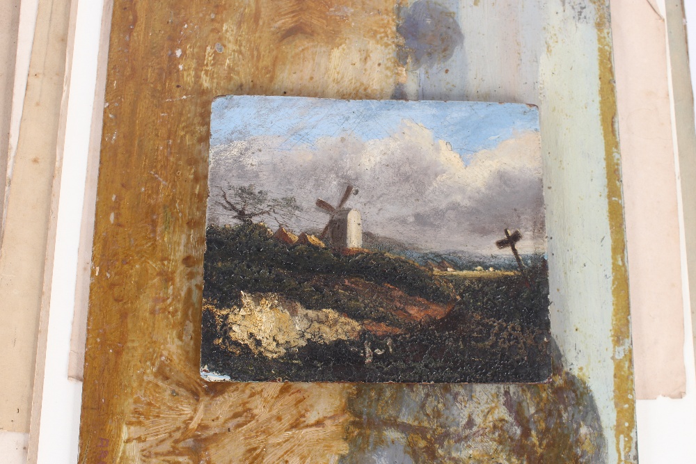 An interesting 19th Century folio containing small Norwich school oil on panel of a windmill; oil on - Image 4 of 80