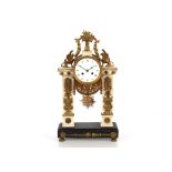 A 19th Century French marble and ormolu mounted mantel clock, surmounted by griffins and garlands,