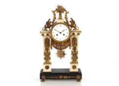 A 19th Century French marble and ormolu mounted mantel clock, surmounted by griffins and garlands,