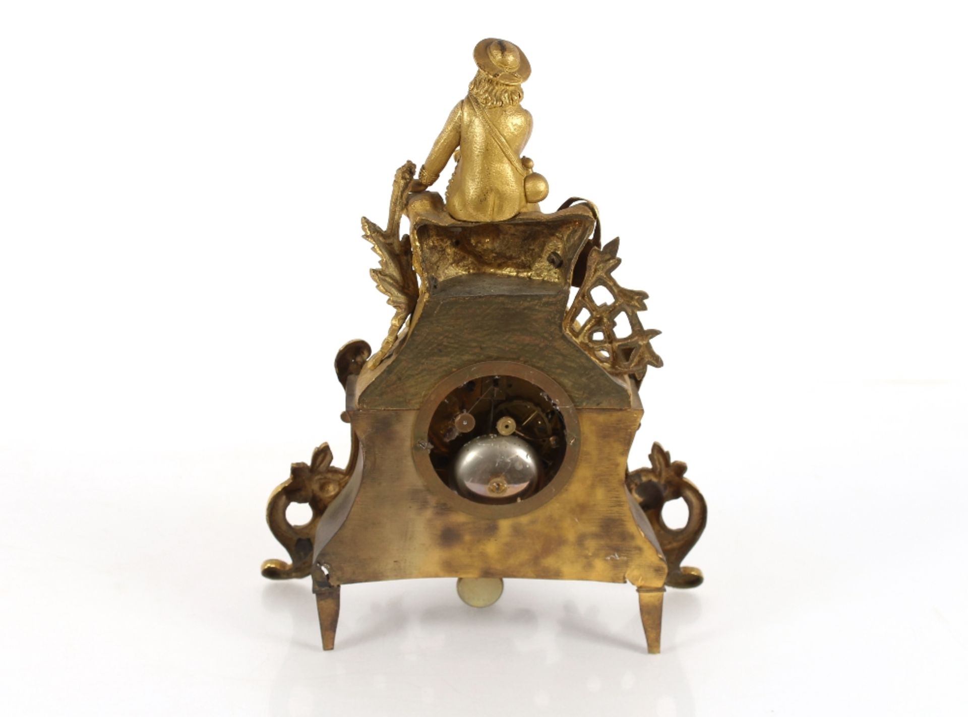 A 19th Century French gilt mantel clock, the case surmounted by a seated figure, circular white - Image 4 of 5