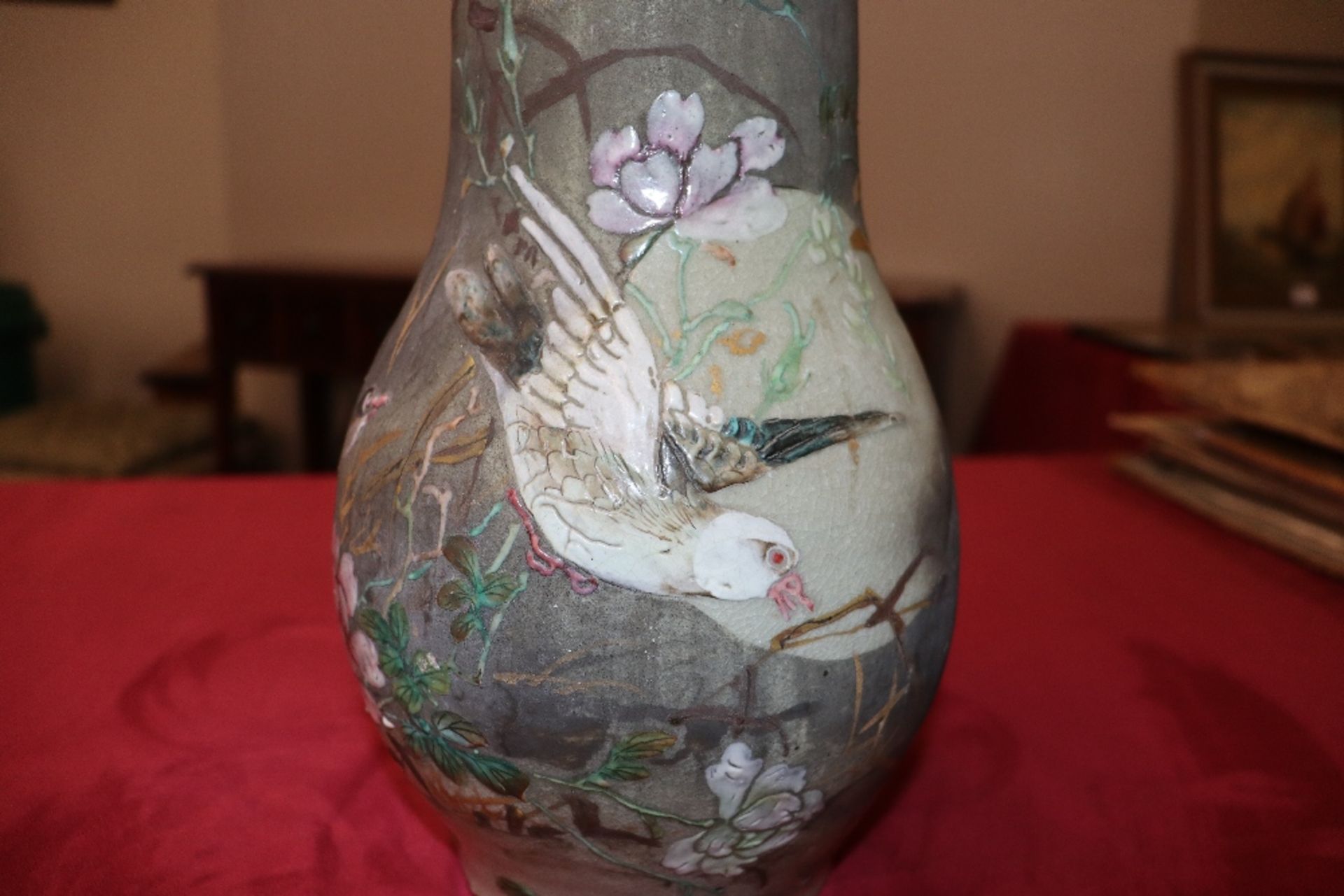 A Japanese pottery vase, decorated birds and foliage, 31cm high - Image 9 of 18