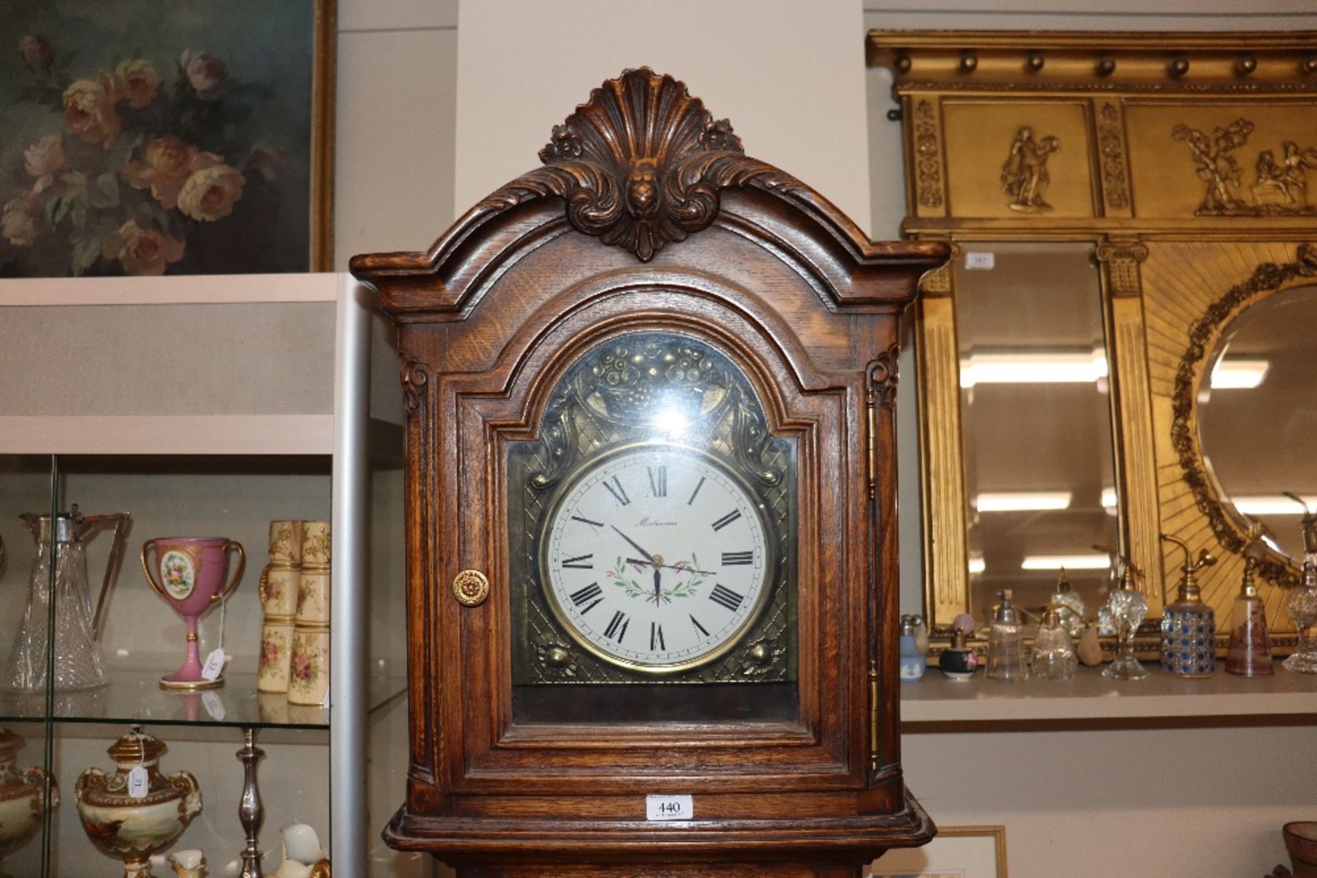 A carved oak long case clock, with associated French battery powered movement, 212cm high - Image 3 of 4