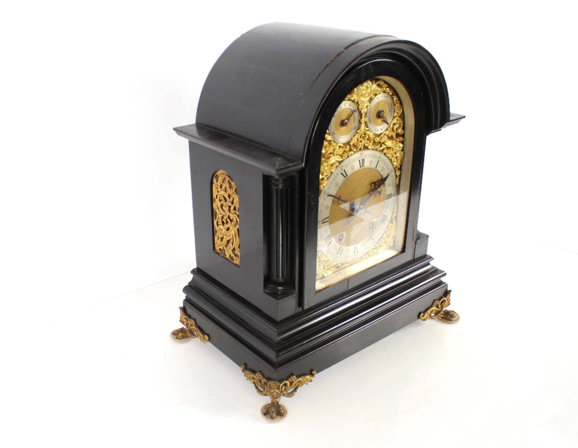 A large 19th Century ebonised mantel clock, the arched case supporting an ornate foliate brass - Image 5 of 12