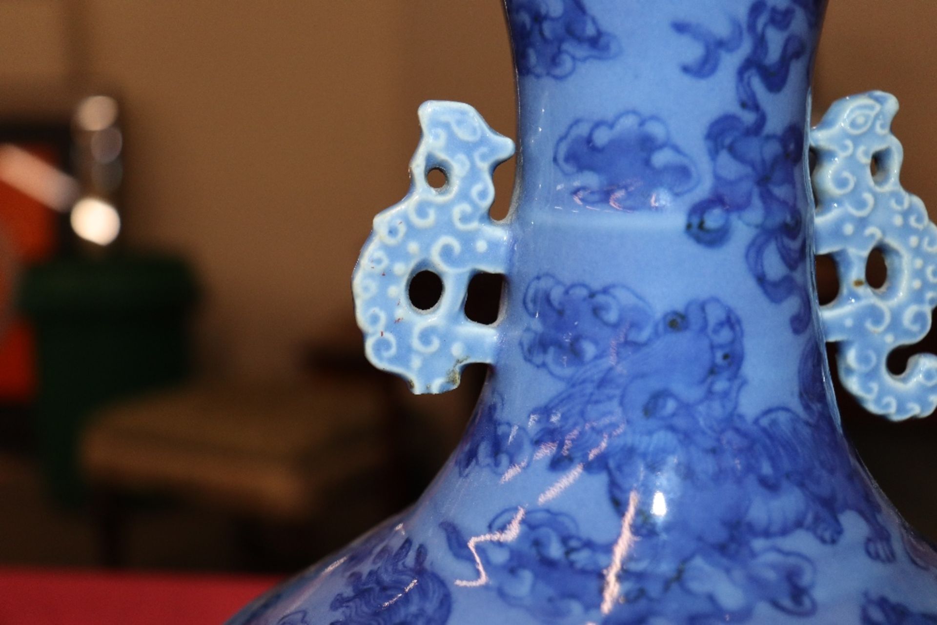 A 19th Century Chinese blue glazed baluster vase, decorated Dogs of Fo, flaming pearls and - Image 7 of 20