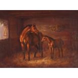 Christopher Osborne, study of mare and foal in stable, signed oil on board, 29cm x 39cm
