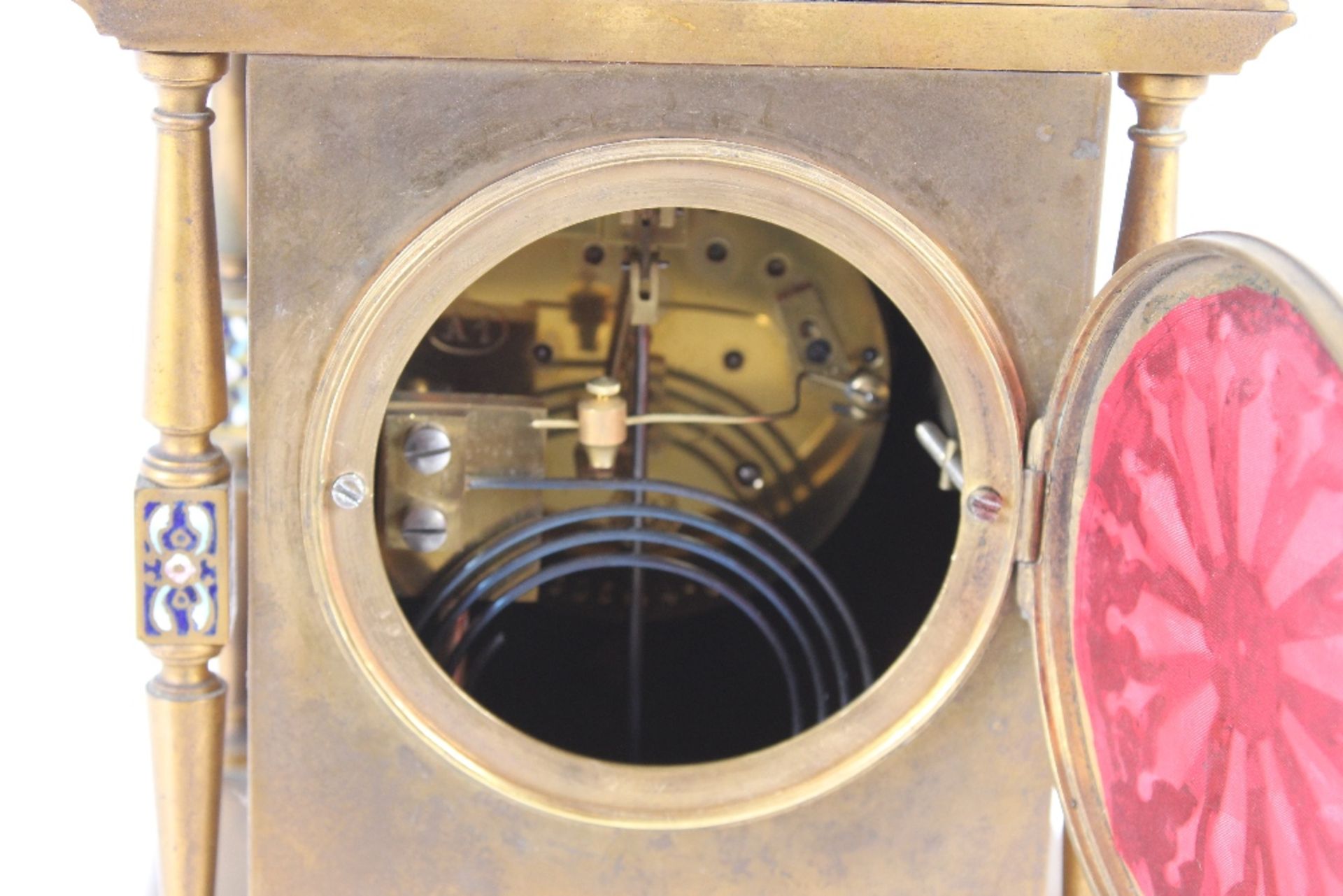 A 19th Century French gilded and champlevé enamel decorated mantel clock, the circular dial - Image 4 of 4