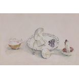 Jean Rose (modern British), study of mushrooms scattered around a silver salver, watercolour with