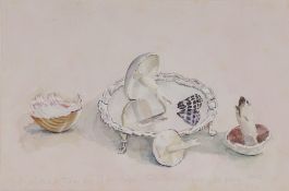Jean Rose (modern British), study of mushrooms scattered around a silver salver, watercolour with