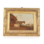 19th Century Norwich school, study of cattle and chickens with figures in a nearby barn, landscape