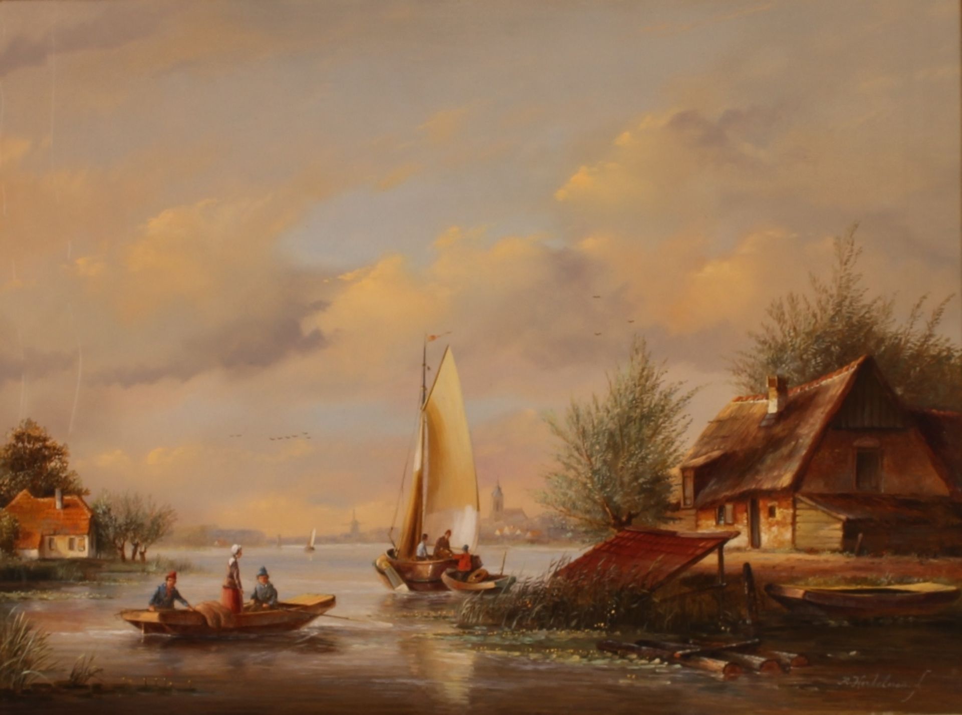 R. Henkelmann, study of a Dutch canal scene with figures sailing and punting, 30cm x 42cm - Image 2 of 4