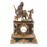 A 19th Century French black marble and Ormolu mounted mantel clock, surmounted by a seated bronze