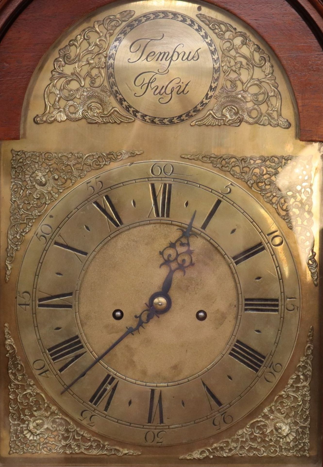 An impressive mahogany and brass mounted long case clock, having arched hood surmounted by