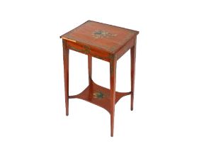 A late 19th Century painted satin wood two tier occasional table, decorated trailing ribbons and
