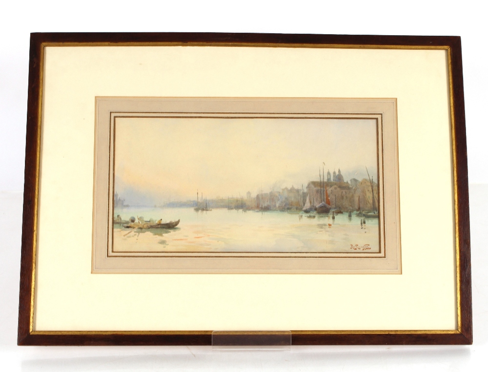 Alexander Wallace Rimington, study of busy shipping harbour, signed watercolour, 18cm x 34.5cm