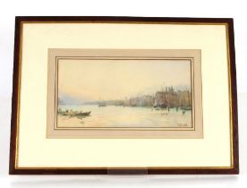 Alexander Wallace Rimington, study of busy shipping harbour, signed watercolour, 18cm x 34.5cm