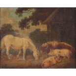 19th Century school, study of horse and cattle outside of a barn, unsigned oil on board, 14cm x 16cm