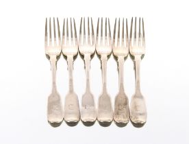 A set of six William IV silver "Fiddle" pattern dessert forks, bearing initials, London 1837, 9oz