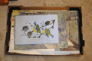 A box of various unframed watercolours etc.